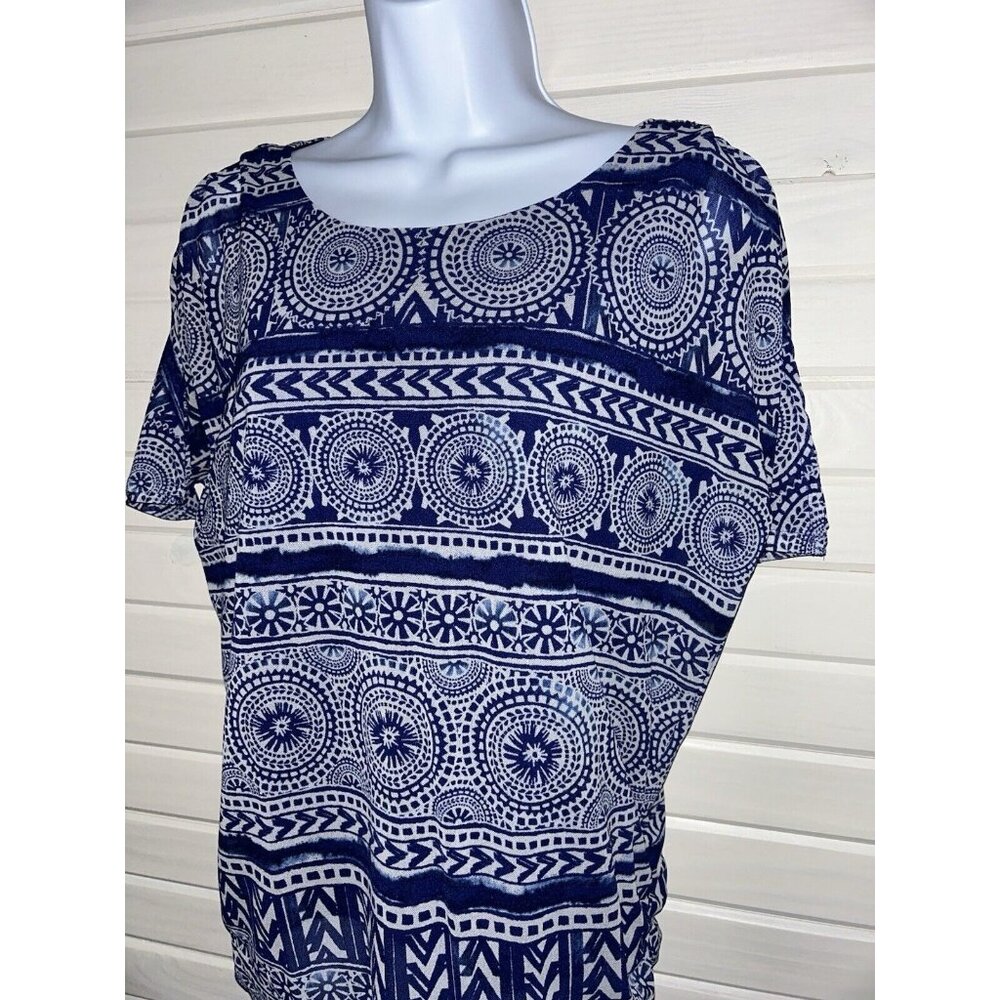 Chicos Sz 1 (MEDIUM) Blue Bianca Split Sleeve Ruched Side Mesh Top Tunic EUC